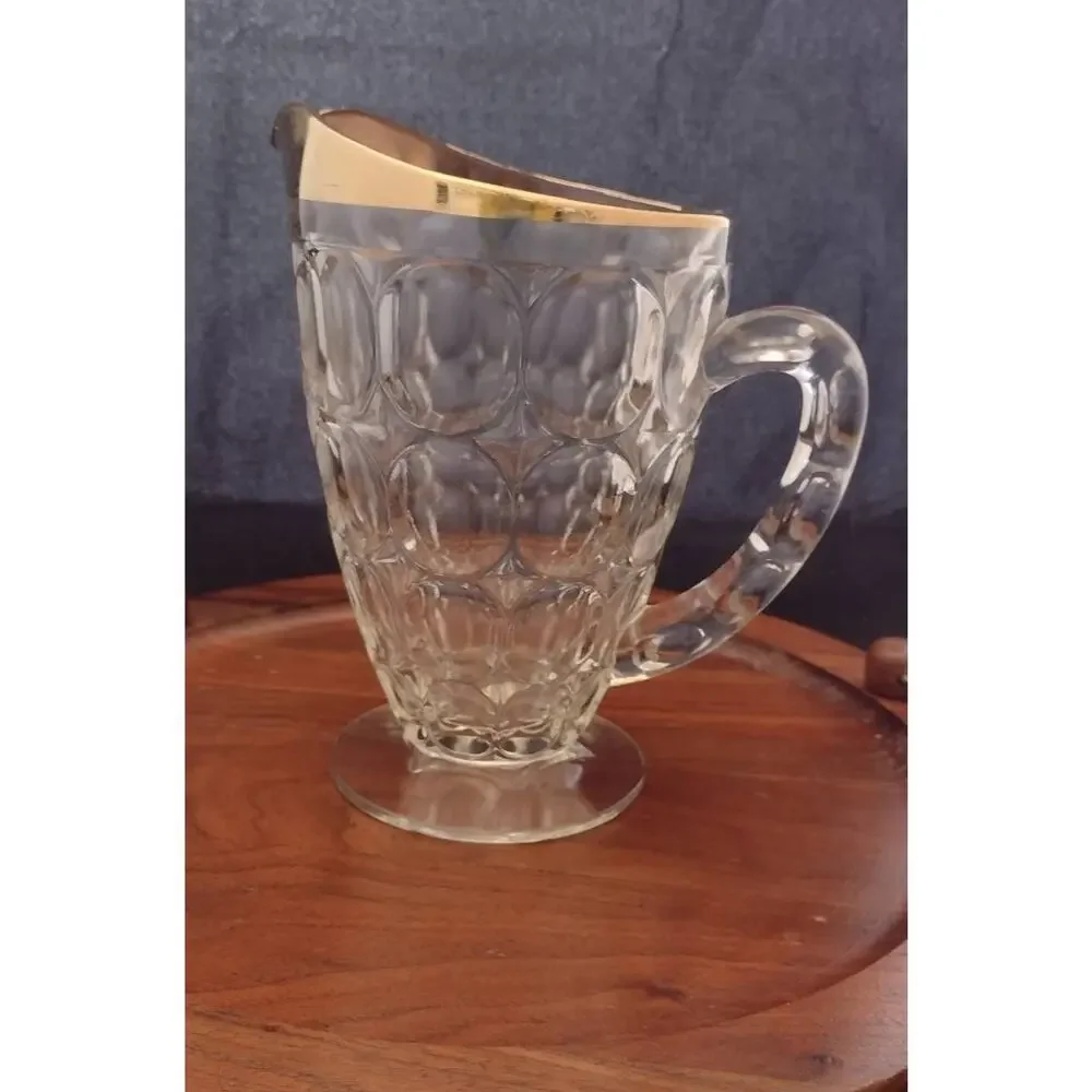 Vintage Jeanette Footed, Thumbprint glass pitcher, gold trim